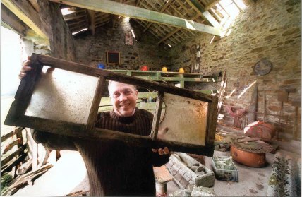 Australian artist Trevor Woodward working in Swallow Scar barn