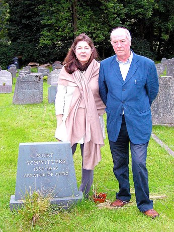 Littoral Trustee writer Mel Gooding and his wife Rhiannon by Schwitters' grave in Ambleside.